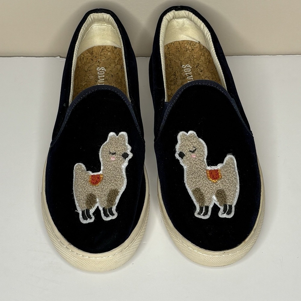 Soludos Navy Blue Velvet Llama Embroidered Slip On Sneakers Women 8 Casual Flat